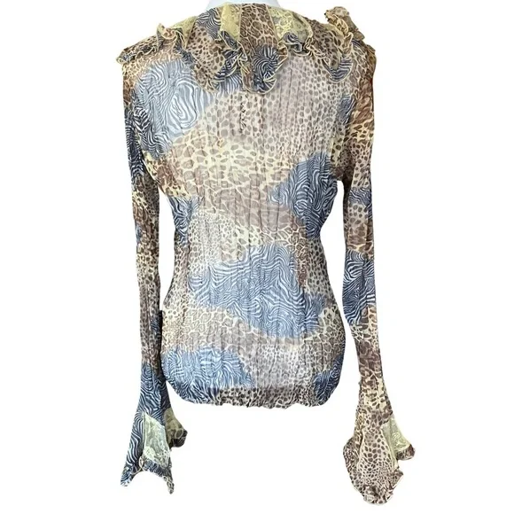 NWT 90s Y2K Vintage MK Solo Animal Print Sheer Ruffle Blouse Lace. Size XL - Picture 5 of 12